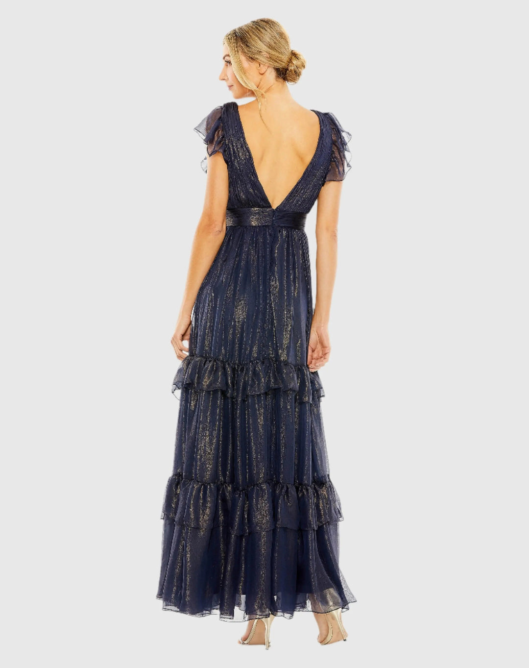 Mac Duggal 49742 Ruched Top Flutter Sleeve Deep V Gown