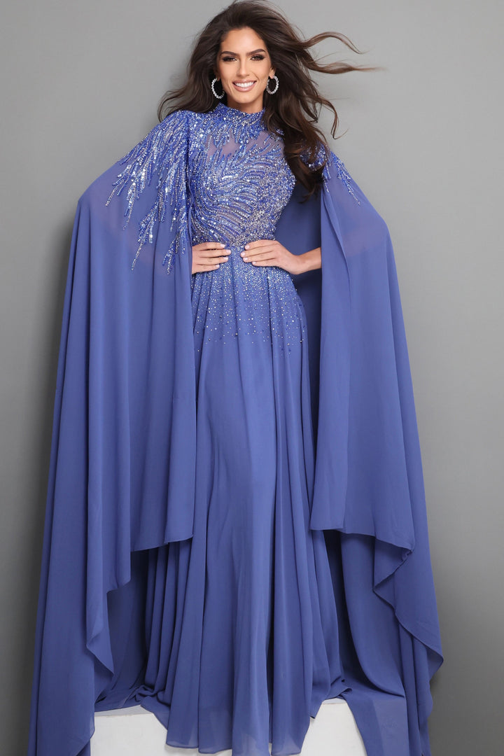 Jovani 49742 Beaded Cape Sleeves A Line Dress