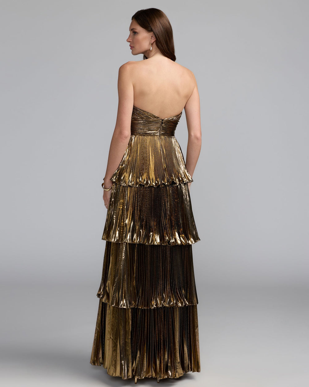 Mac Duggal 49911 Strapless Pleated Metallic Ruffle Tiered Gown