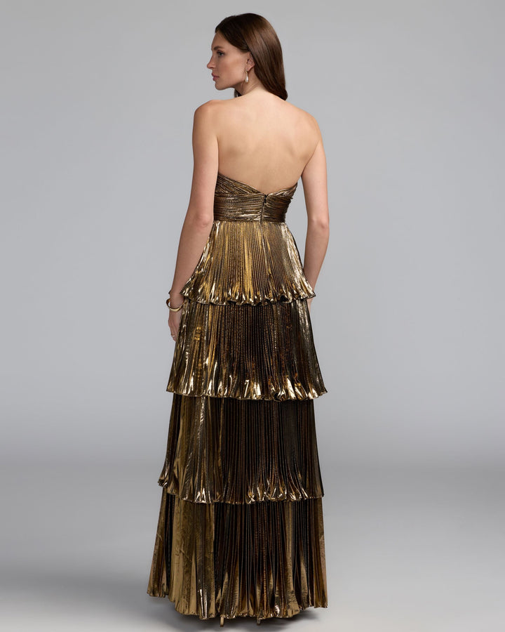 Mac Duggal 49911 Strapless Pleated Metallic Ruffle Tiered Gown