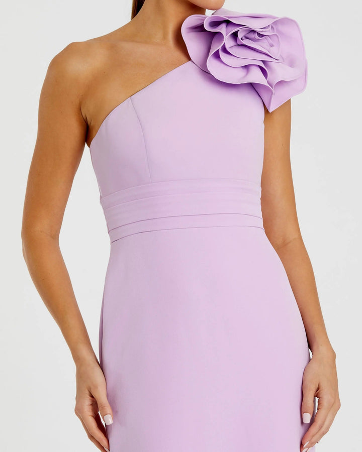 Purple One Shoulder Gown With 3D Flower - FOSTANI.com