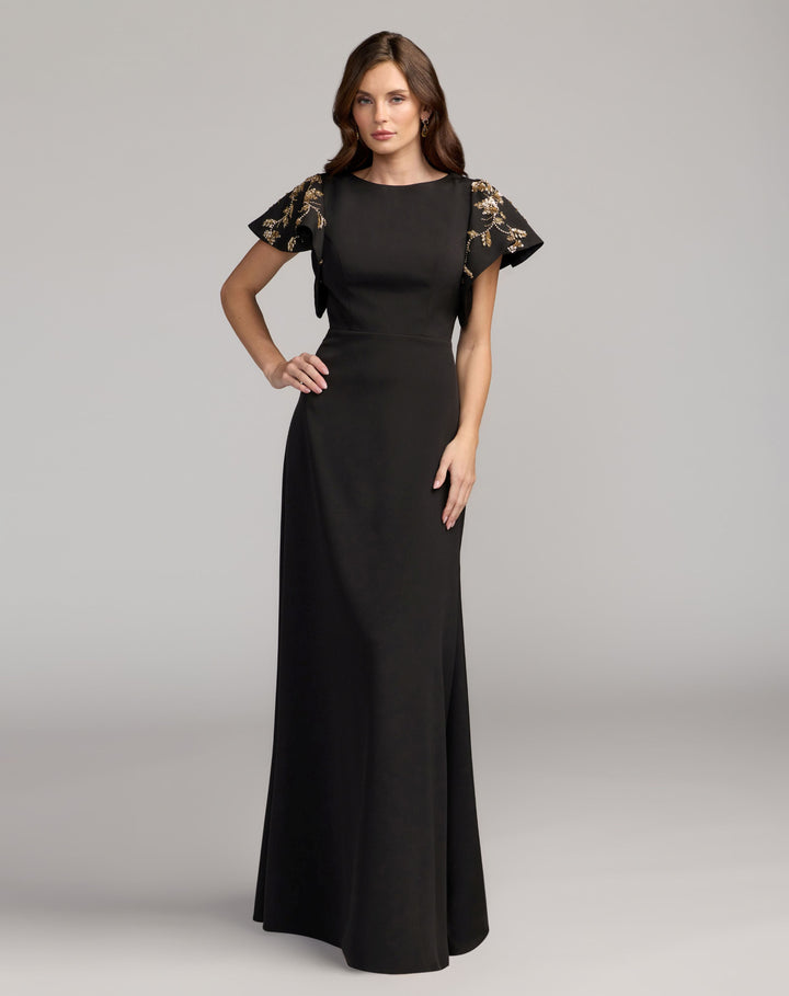 Mac Duggal 50045 Embellished Flutter Sleeve Crepe Gown