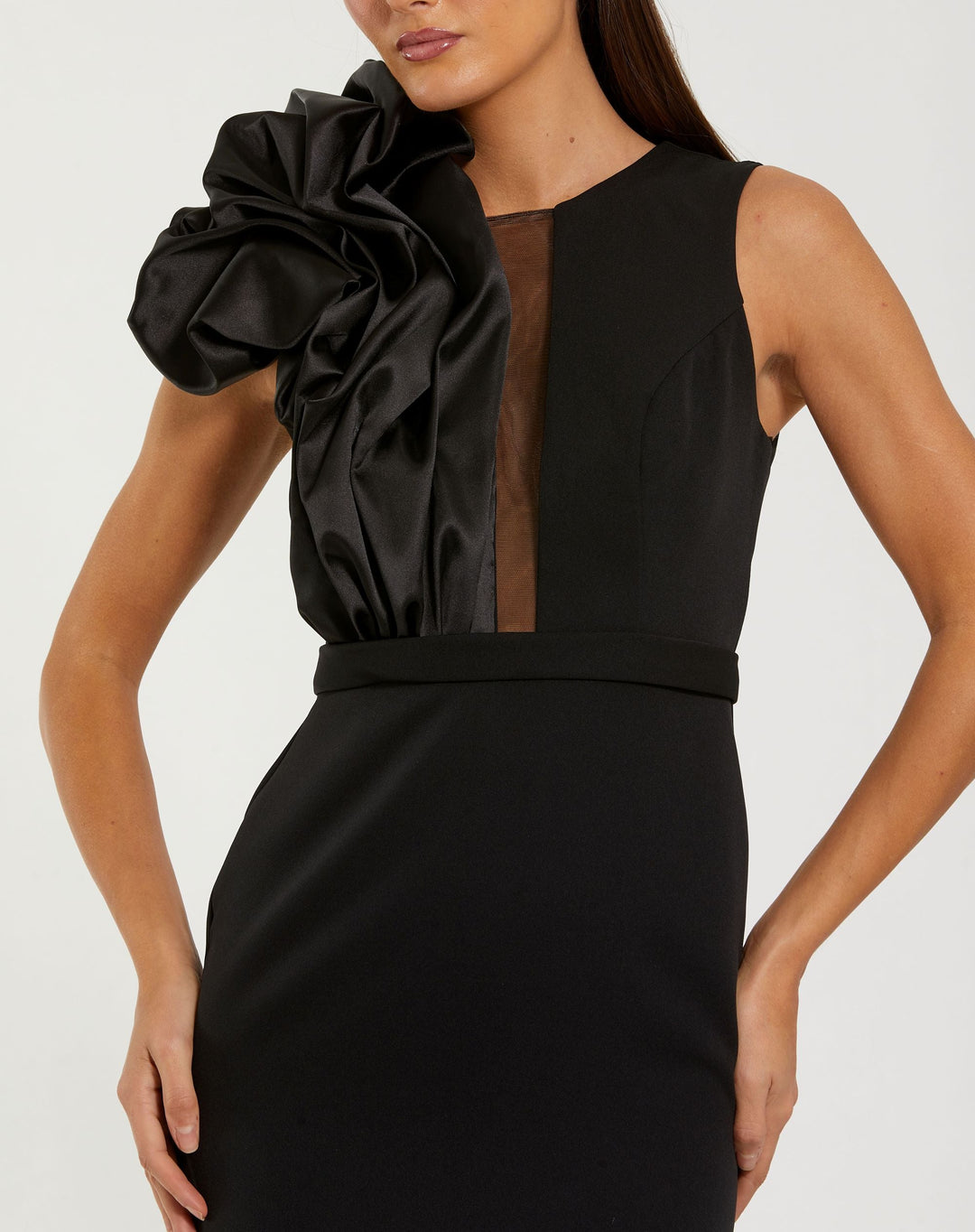 Mac Duggal 50089 High Neck Sleeveless Crepe Gown With Satin Ruffle