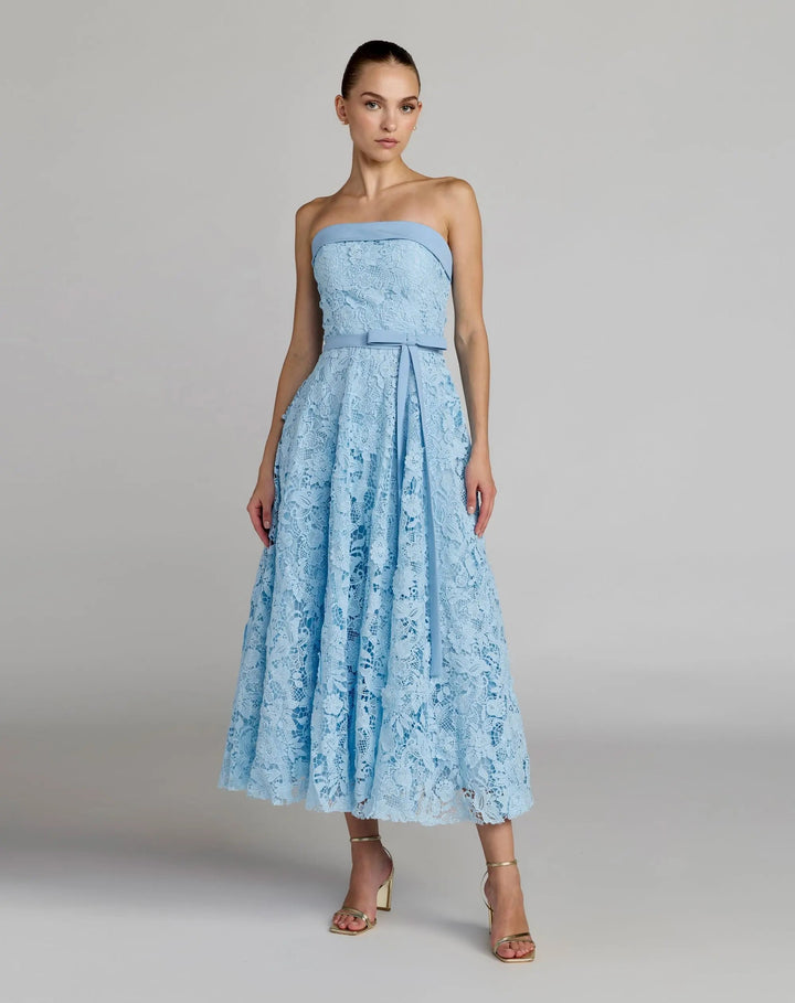 Blue Embroidered Lace Strapless Midi Dress With Bow Detail - FOSTANI.com
