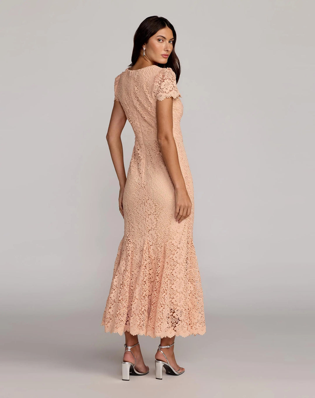 Mac Duggal 50116 Peach Embroidered Lace Cap Sleeve Midi Dress