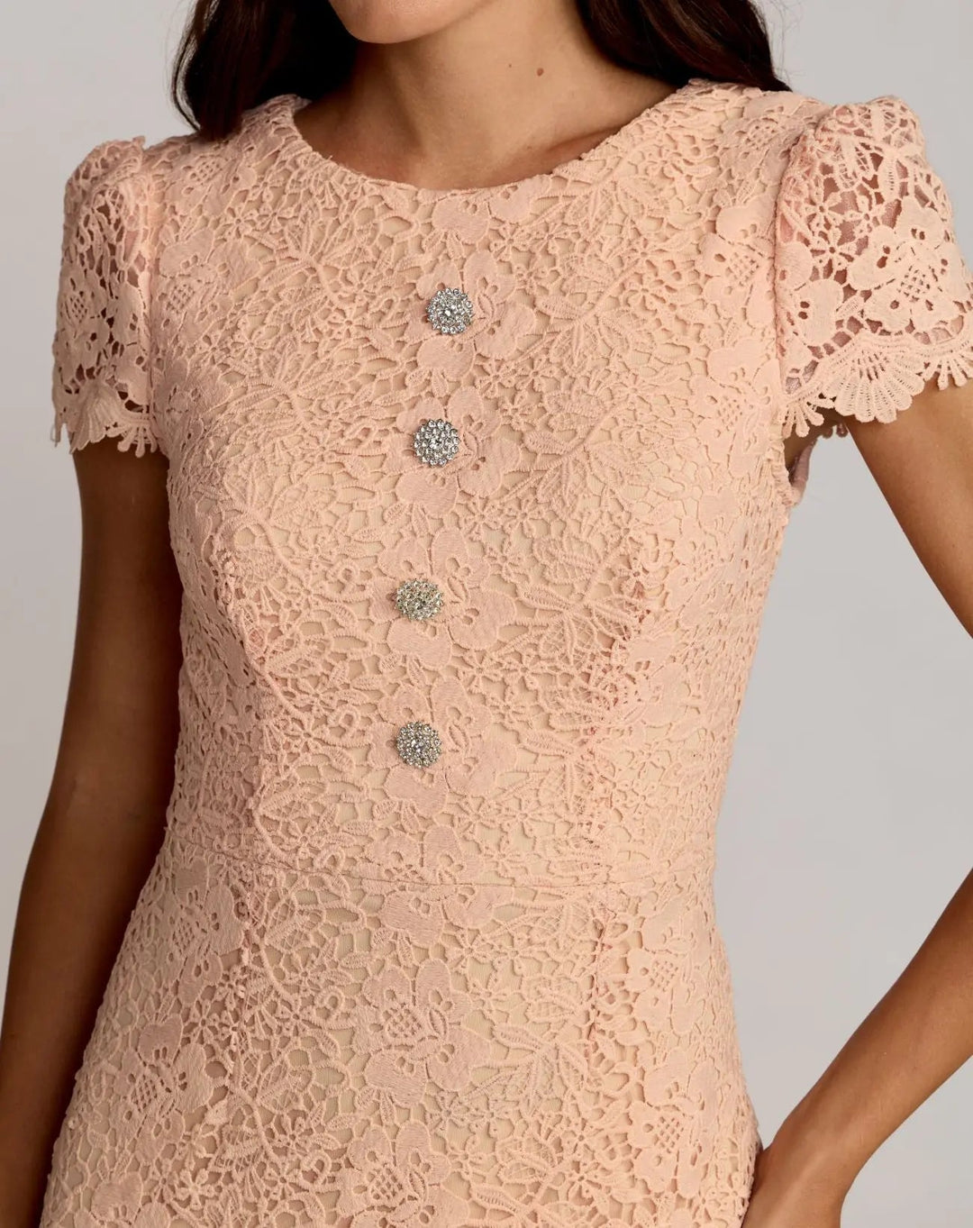 Mac Duggal 50116 Peach Embroidered Lace Cap Sleeve Midi Dress