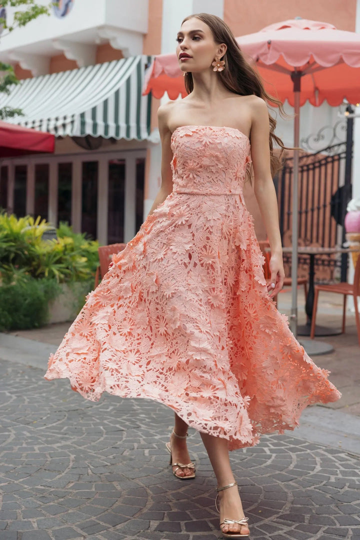Pink Strapless Floral Embroidered Lace A-Line Dress - FOSTANI.com