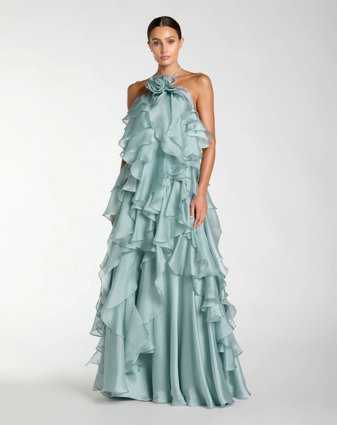 Blue Halter Neck Open Back Trapeze Ruffle Gown - FOSTANI.com