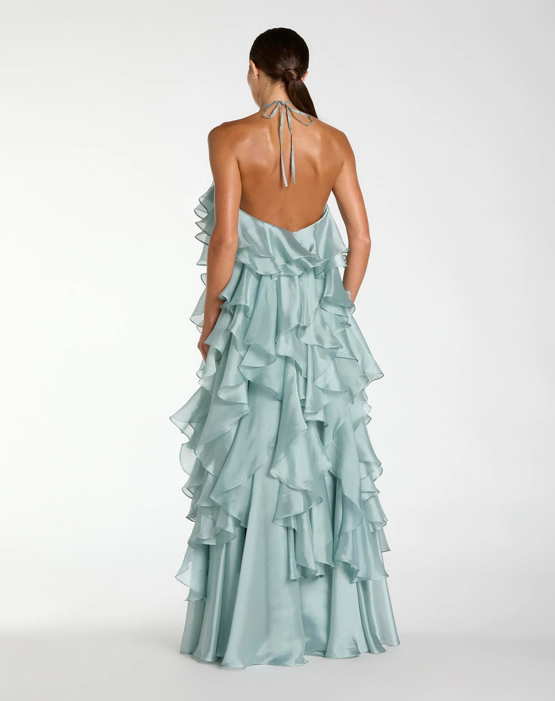Blue Halter Neck Open Back Trapeze Ruffle Gown - FOSTANI.com