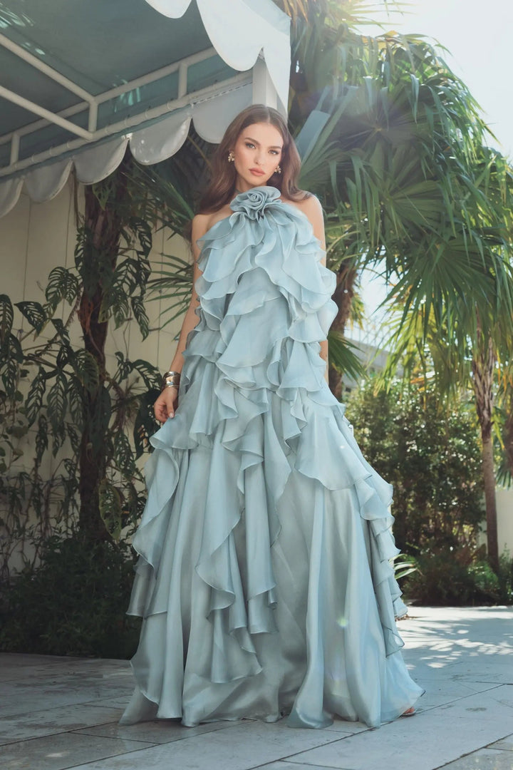 Blue Halter Neck Open Back Trapeze Ruffle Gown - FOSTANI.com