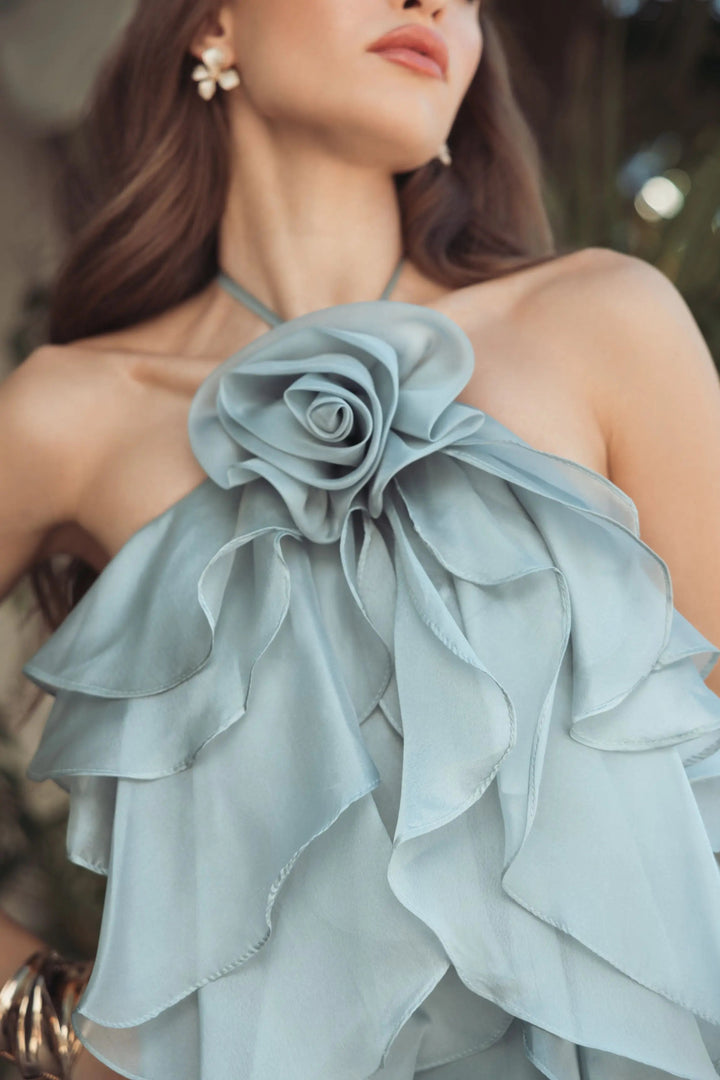 Blue Halter Neck Open Back Trapeze Ruffle Gown - FOSTANI.com