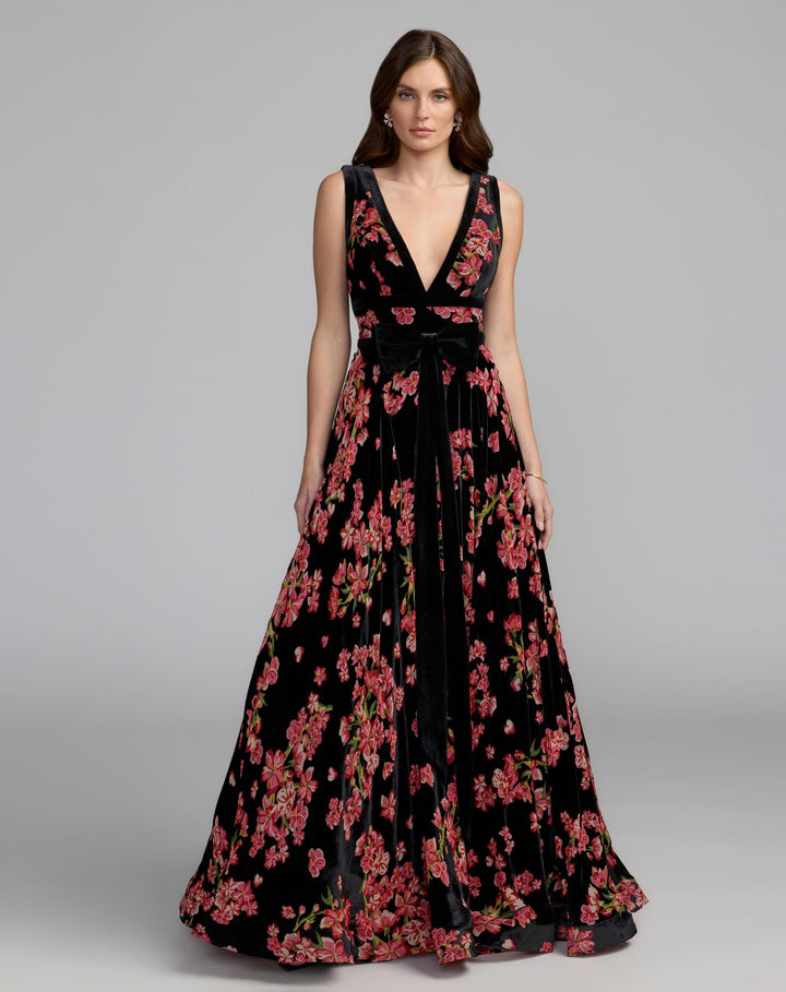 Mac Duggal 50173 Floral Velvet Ball Gown With Bow