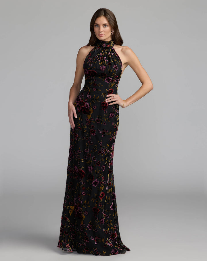 Mac Duggal 50174 Floral Burnout Velvet Halter Gown