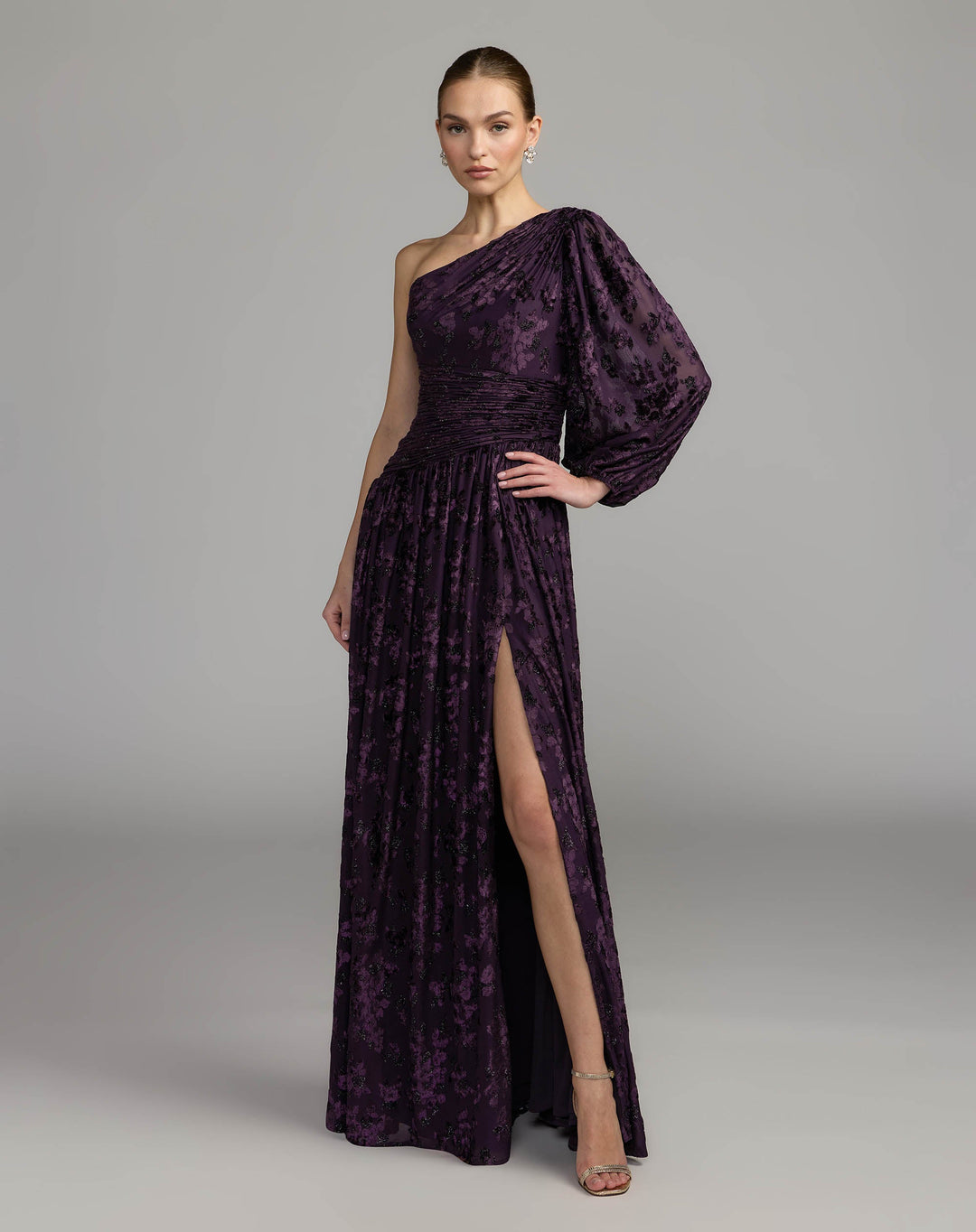 Mac Duggal 50179 Deep One Shoulder Long Sleeve Burnout Velvet Gown