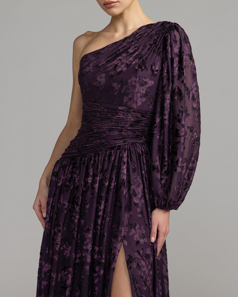 Mac Duggal 50179 Deep One Shoulder Long Sleeve Burnout Velvet Gown
