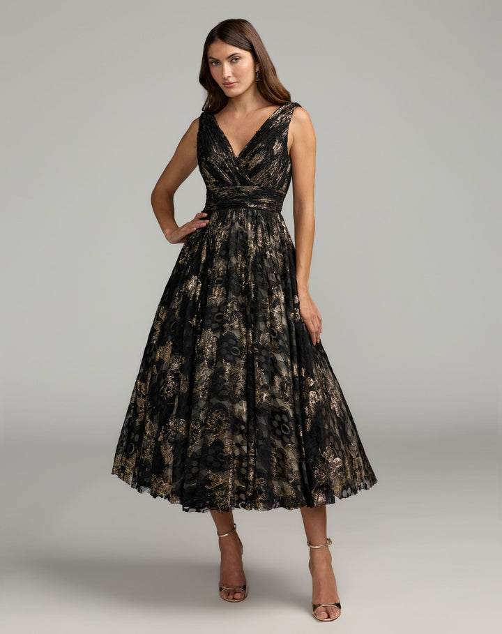 Mac Duggal 50186 Metallic Lace Sleeveless V-Neck Midi Dress