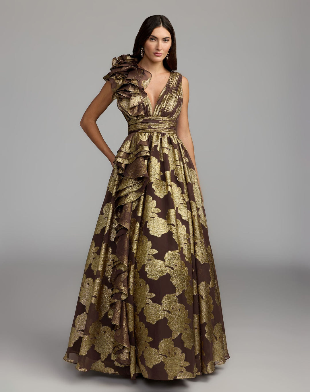 Mac Duggal 50264 Metallic V-Neck Ruffle Detail Ball Gown