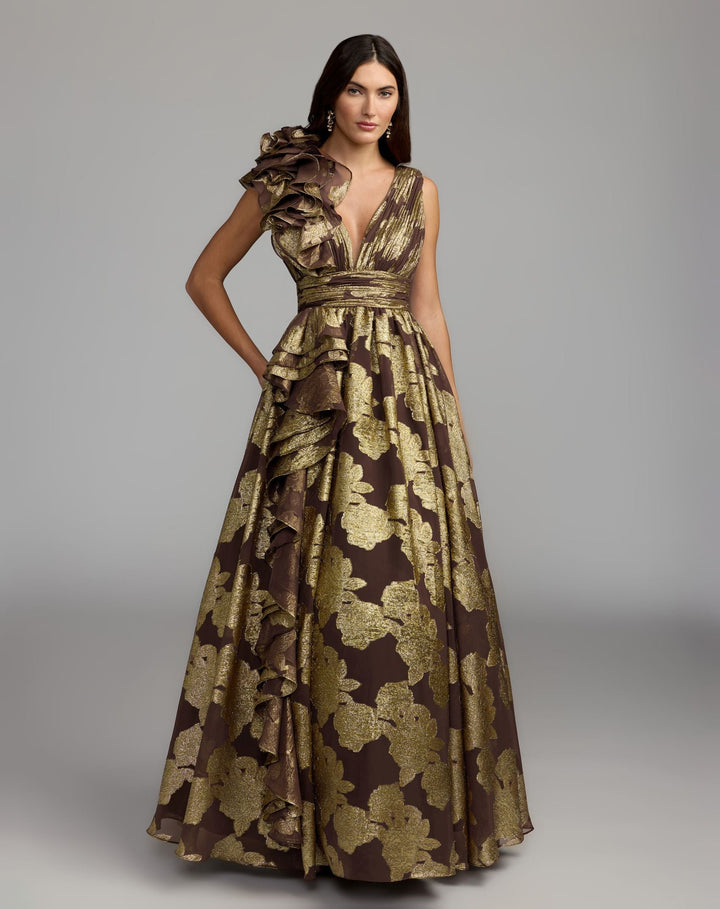 Mac Duggal 50264 Metallic V-Neck Ruffle Detail Ball Gown