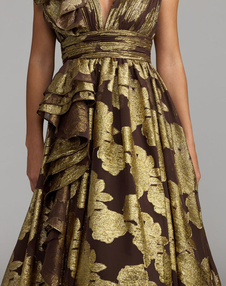 Mac Duggal 50264 Metallic V-Neck Ruffle Detail Ball Gown