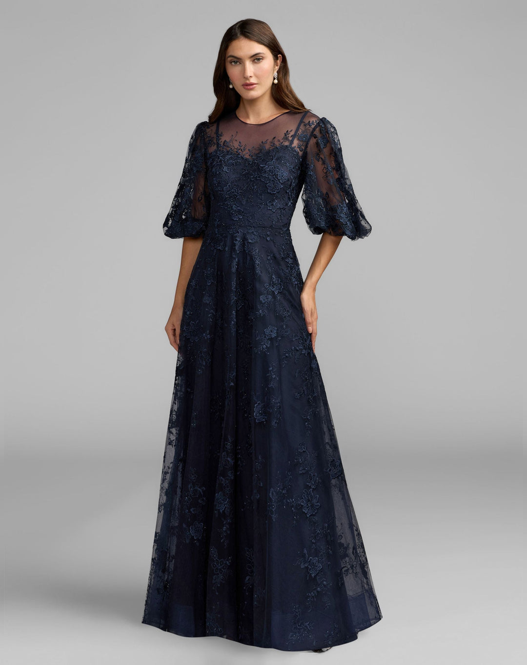 Mac Duggal 50671 Embroidered Illusion Neck Puff Sleeve A-Line Gown