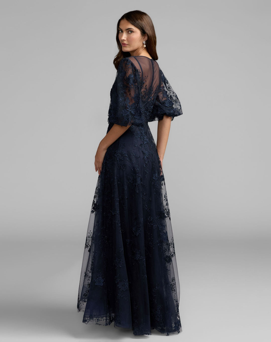 Mac Duggal 50671 Embroidered Illusion Neck Puff Sleeve A-Line Gown