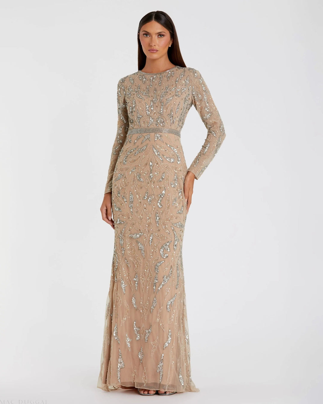 Mac Duggal 5124 Beige Long Sleeve Beaded Evening Gown