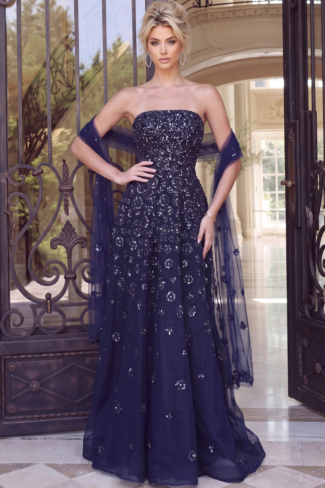 Jovani 51617 strapless beaded A-line evening gown front view