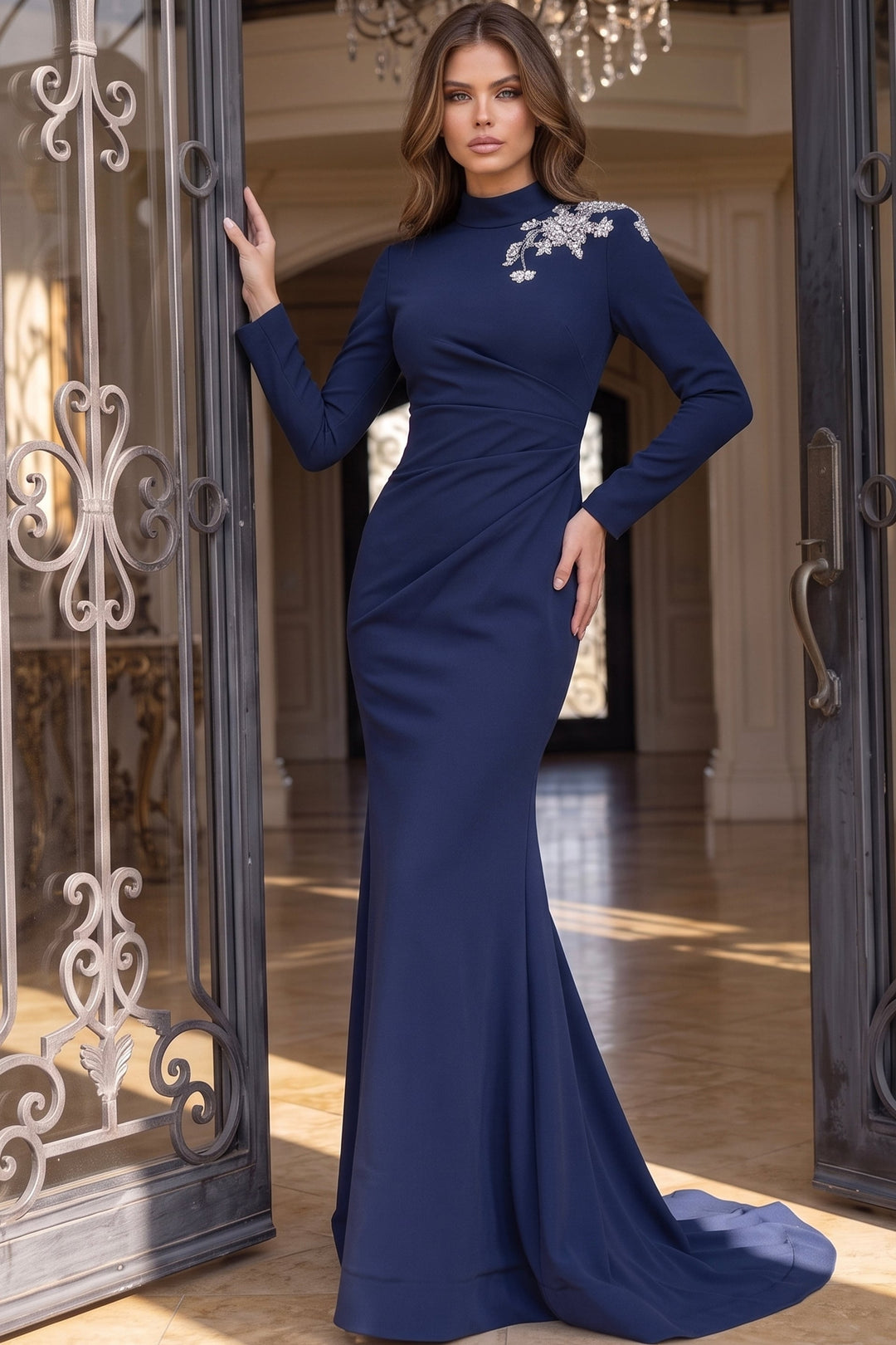 Jovani 51632 Mock Neck Long Sleeve Crystal Sheath Gown