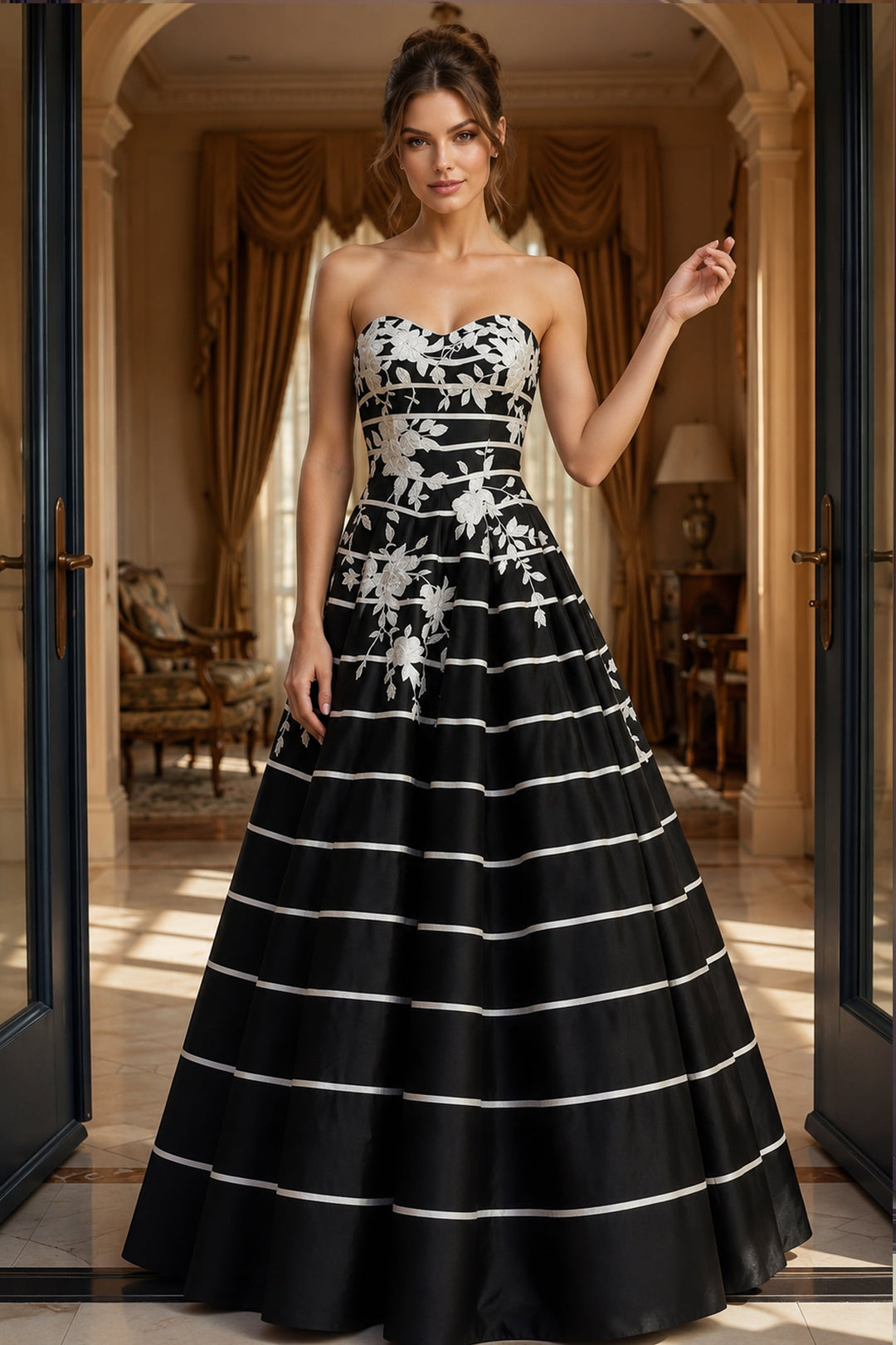 Jovani 51727 Strapless Sweetheart Floral Applique Striped Ball Gown front view