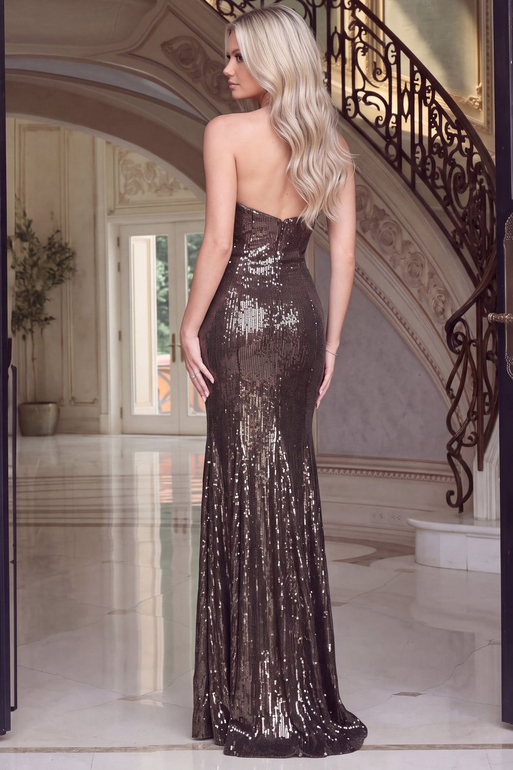Jovani 51812 Halter Sculpted Waist Sequin Mermaid Gown with Open Back back view