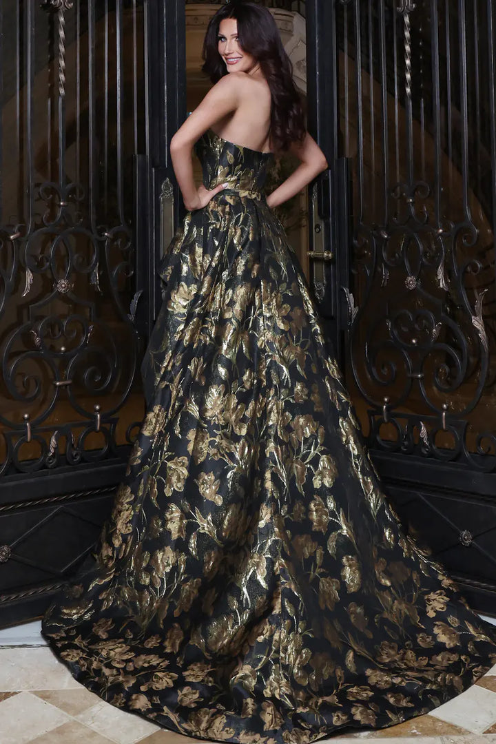 Jovani 51912 strapless floral peplum a-line gown back view