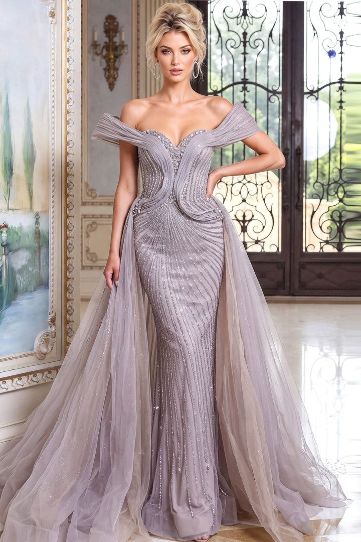 Jovani 52210 off-the-shoulder beaded mermaid gown with overskirt, front