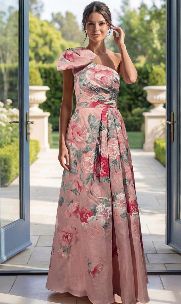 Jovani 52377 one-shoulder floral gown with shoulder bow, front
