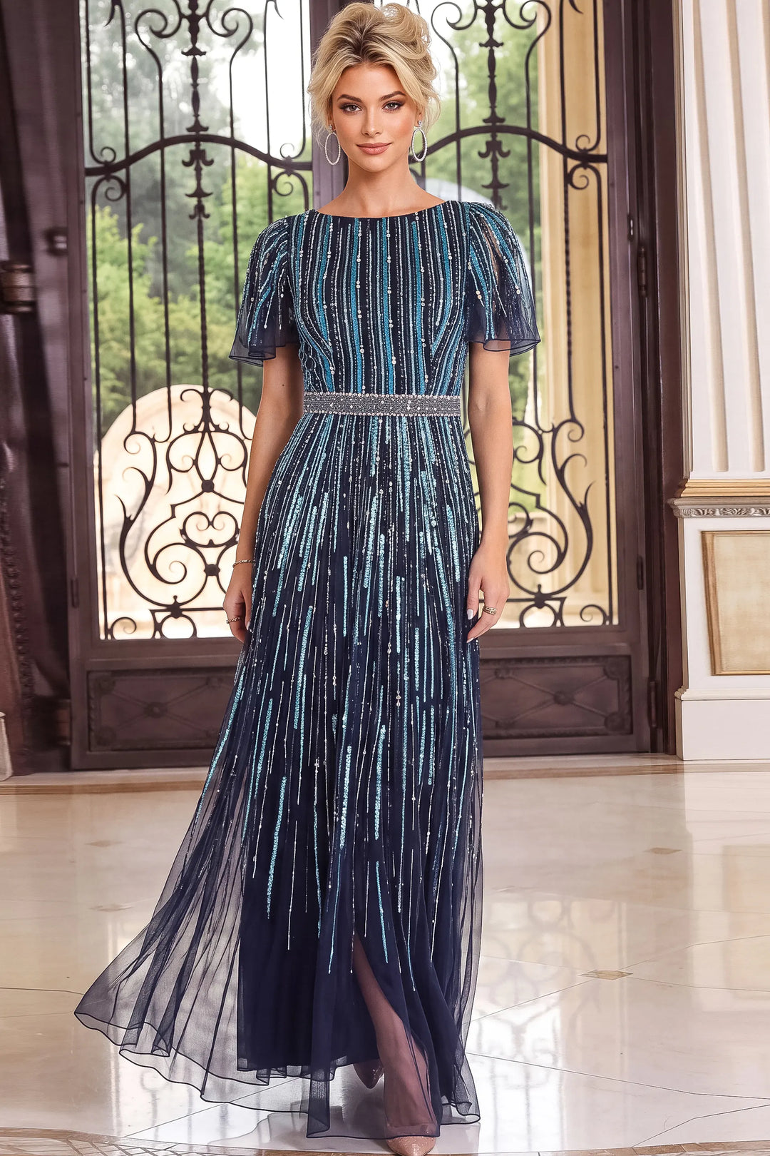 Jovani 52501 boat neck beaded stripe column evening gown front view