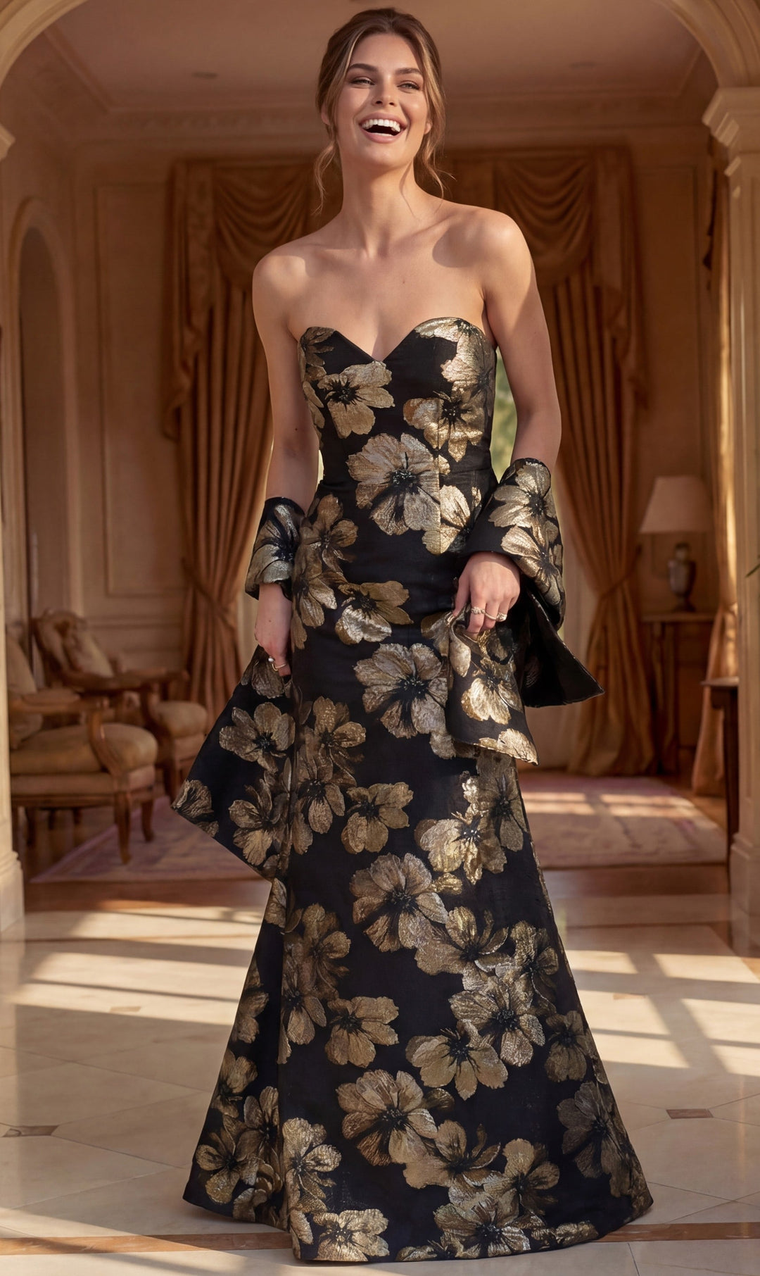 Jovani 52566 black and gold floral brocade strapless sweetheart mermaid evening gown, front view