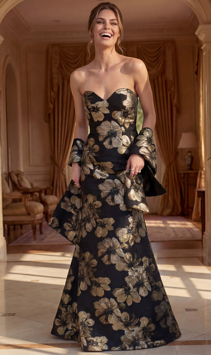 Jovani 52566 black and gold floral brocade strapless sweetheart mermaid evening gown, front view