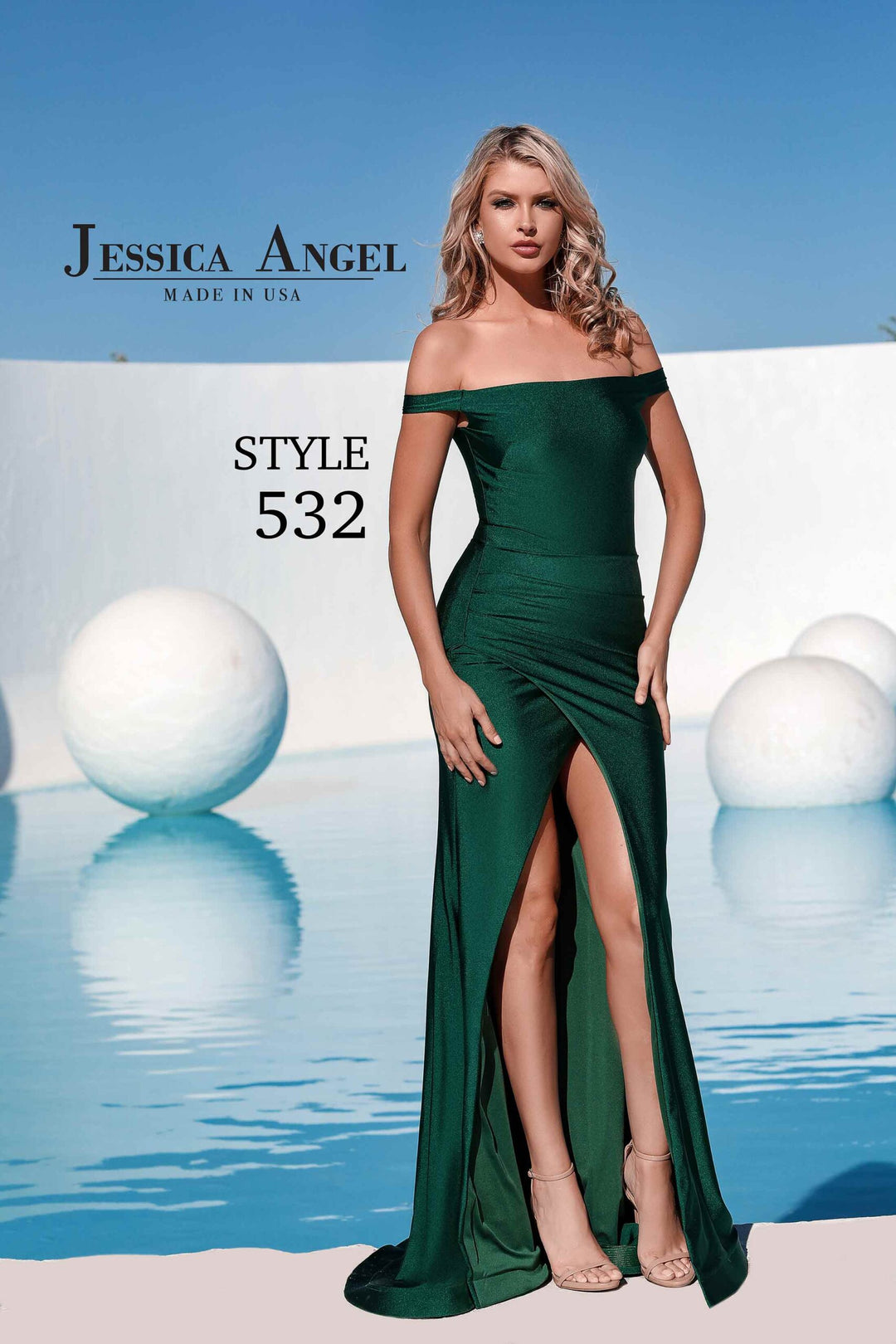 Jessica Angel 532 ruched off shoulder gown front view