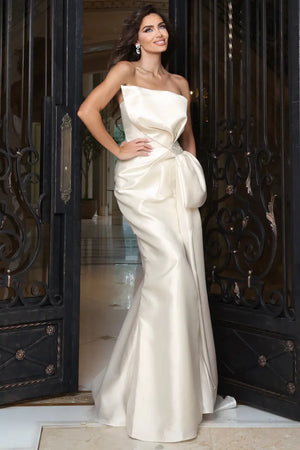 Jovani 53376 strapless mermaid gown with draped bow detail front view