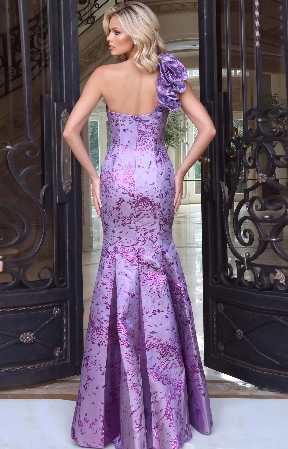 Jovani 53422 one-shoulder sculpted flower mermaid gown view 2