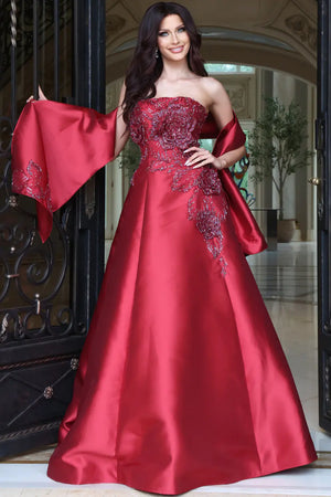 Jovani 53469 strapless floral appliqué ball gown with shawl front view