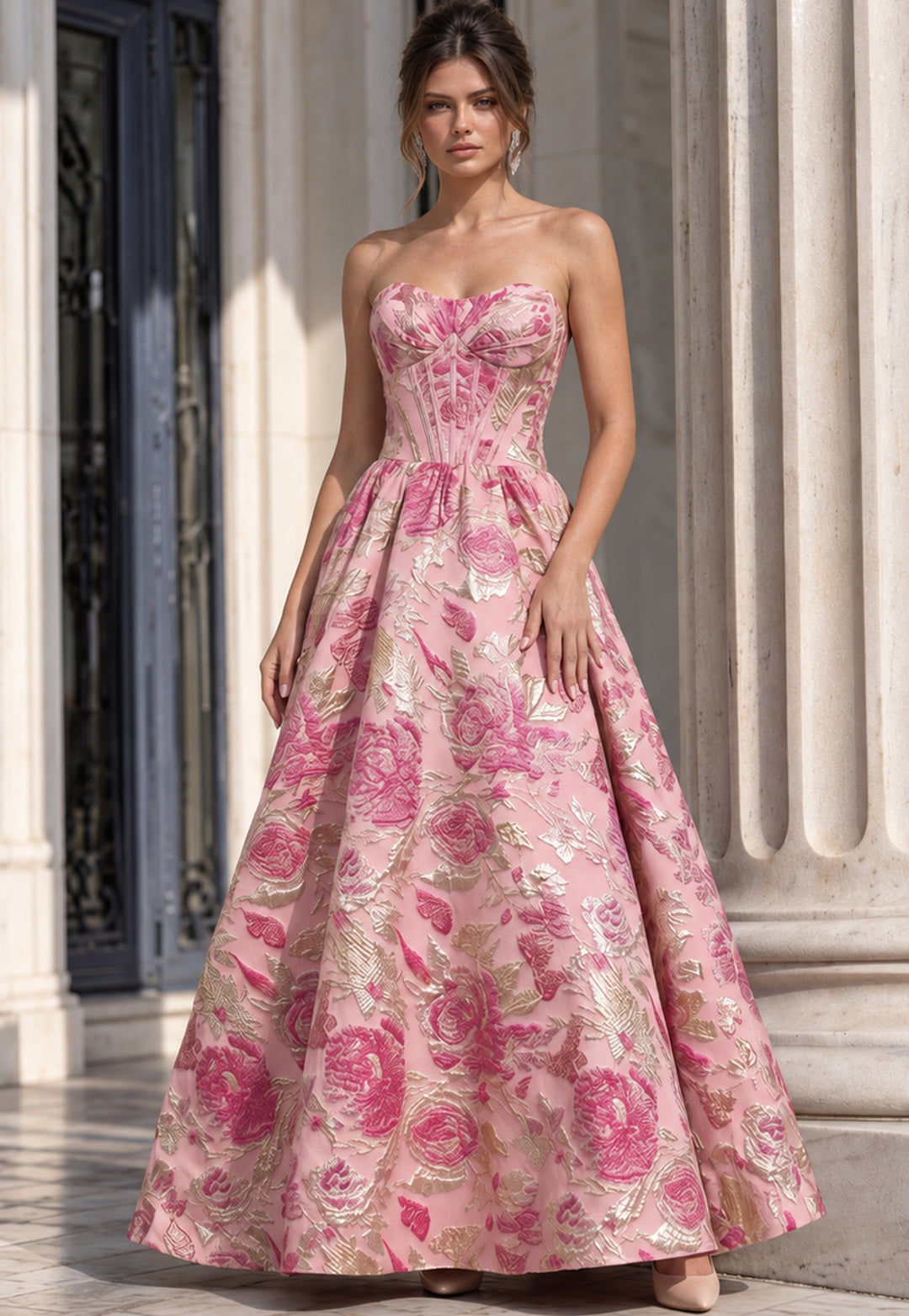 Jovani 53485 strapless corset floral jacquard ball gown front view