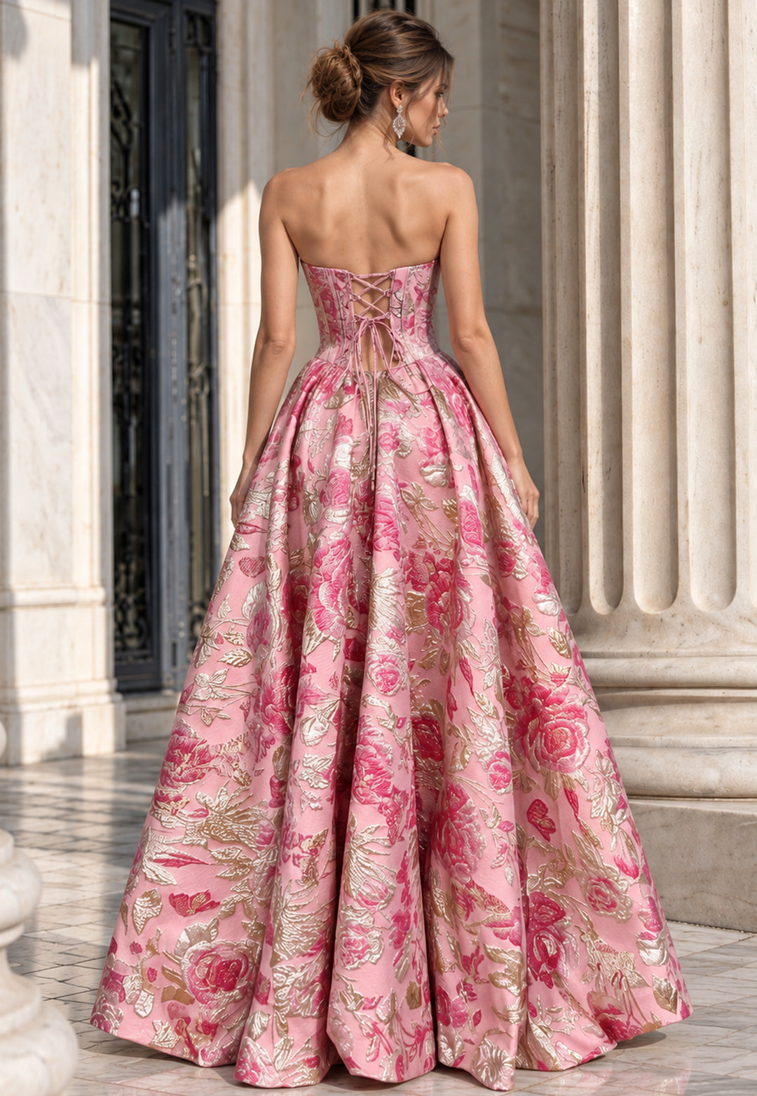 Jovani 53485 strapless corset floral jacquard ball gown back view