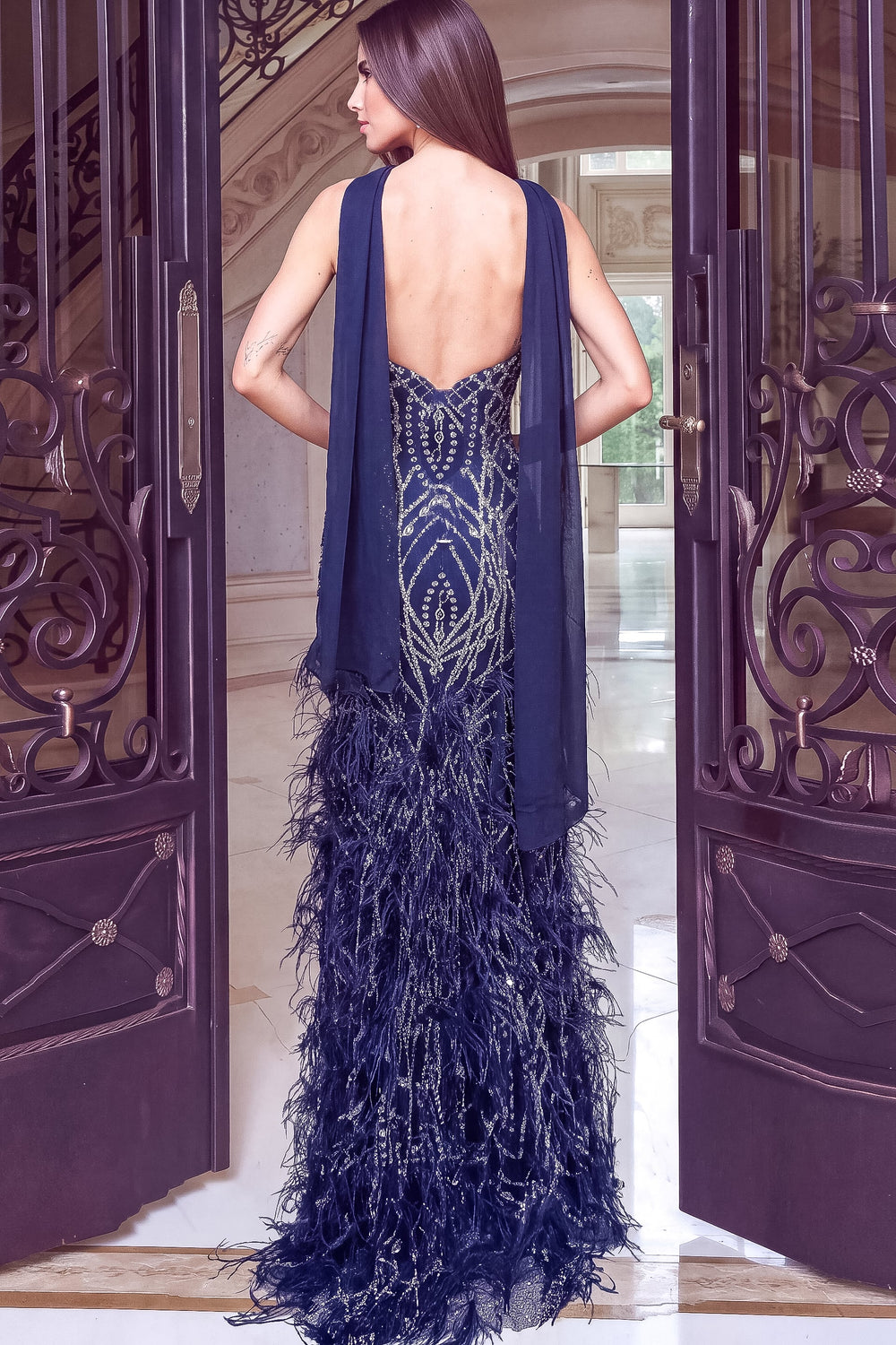 Jovani 53523 Navy Silver Strapless Beaded Feathered Column Gown Back - FOSTANI.com