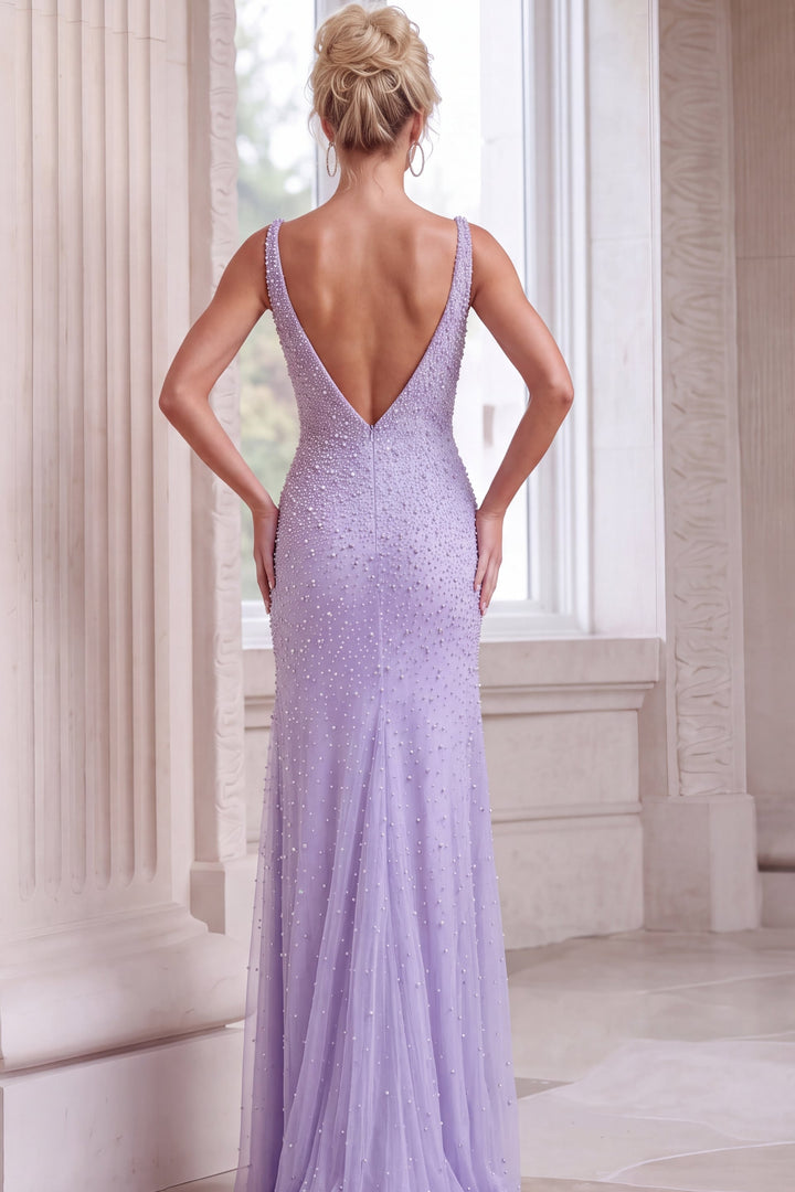 Jovani 53578 Beaded V-Neck Column Evening Gown with High Slit, back