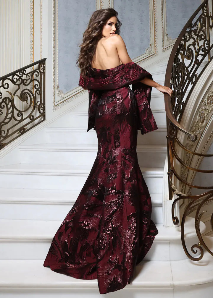 Jovani 53864 off the shoulder draped mermaid gown back view
