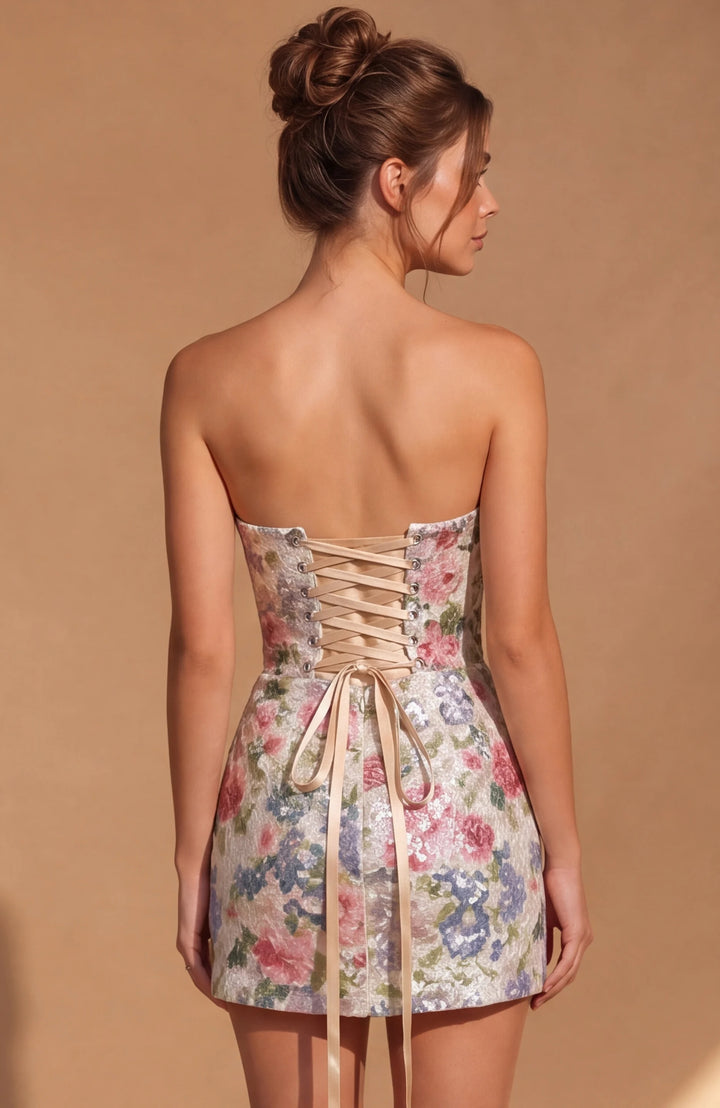 Jovani 53965 Sequin Floral Lace-Up Mini Dress - FOSTANI.com