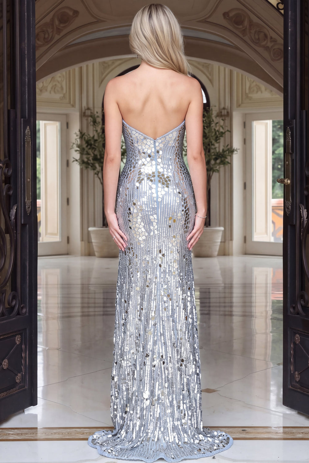 Jovani 54053 Plunging Sweetheart Mirror Sequin Mermaid Gown with High Slit back view