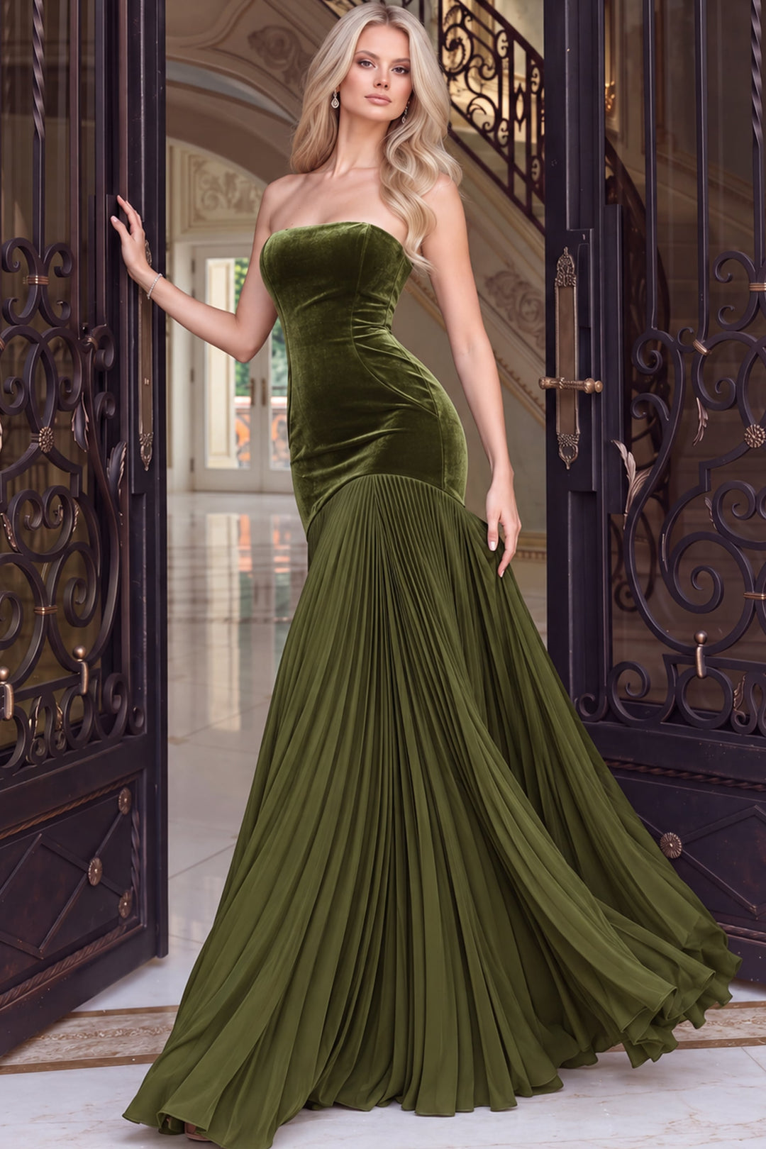 Jovani 54324 Strapless Mermaid Gown with Pleated Skirt front view