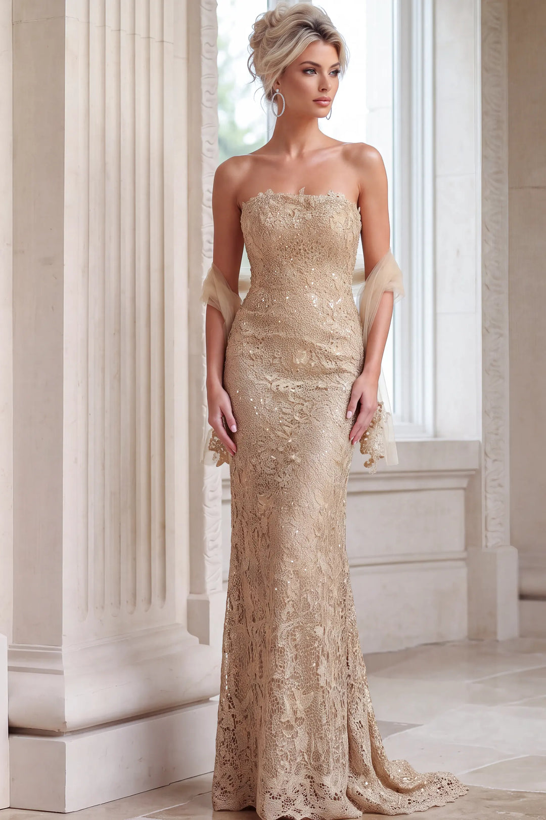 Jovani 54330 strapless lace column gown with high back slit view 4
