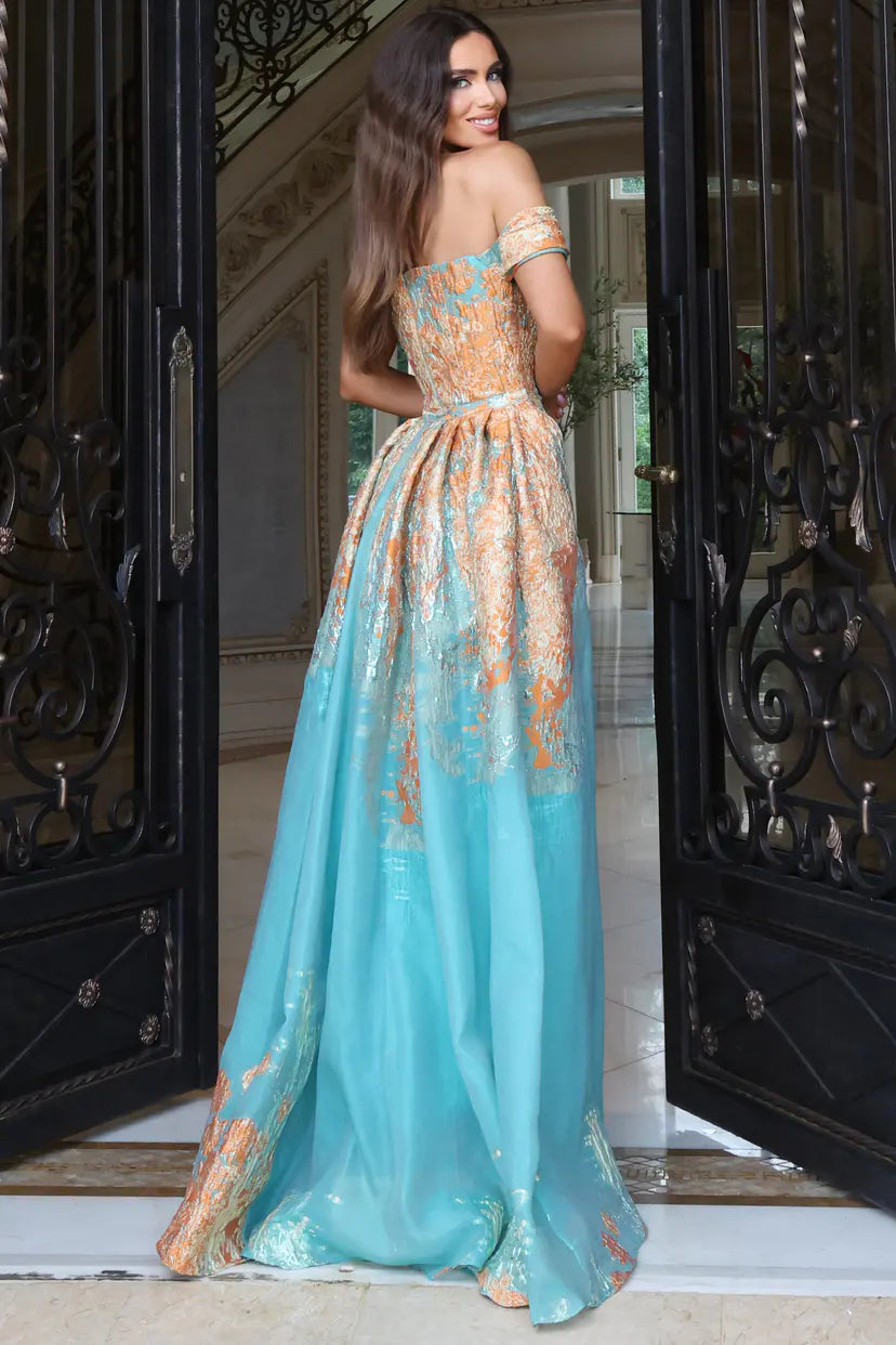 Jovani 54381 off the shoulder mermaid gown with detachable overskirt back view
